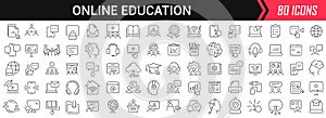 Online education linear icons in black. Big UI icons collection in a flat design. Thin outline signs pack. Big set of icons for