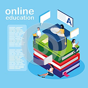 Online education mini people with ebooks and graduation hat