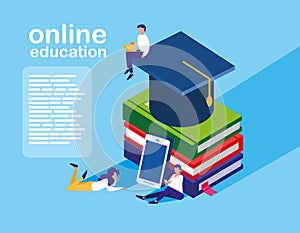 Online education mini people with smartphone and ebooks