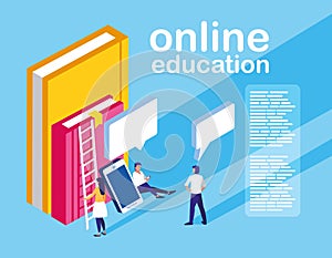 Online education mini people with smartphone and ebooks