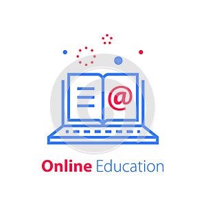 Online education, open book and laptop, internet resources, web library, distant learning