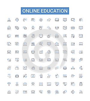Online education outline icons collection. eLearning, Tutoring, Online-Courses, Distance-Learning, Virtual-Classroom