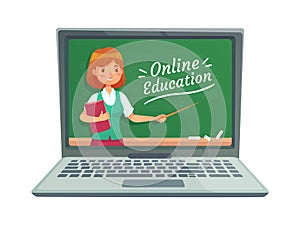 Online education with personal teacher. Professor teach computer technology. School blackboard isolated on laptop vector