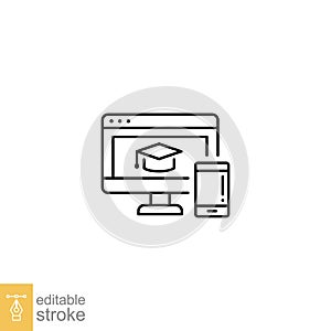 Online education platform line icon. Virtual learning concept, graduation cap on laptop display