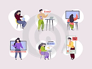 Online education. Remote e-learning students online tutorials on smartphones and laptop computers garish vector stylized