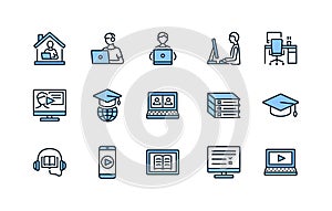 Online education and remote work flat line icons set blue color. Study and job from home. Editable strokes