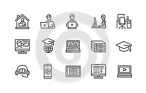 Online education and remote work flat line icons set. Study and job from home. Editable strokes