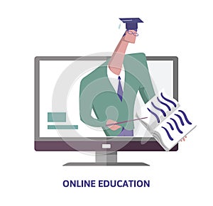 Online education. Scholar in hat pointing at book from computer monitor. Distance teaching. Concept vector illustration