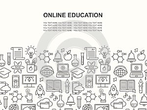 Online education seamless pattern with linear icons. E-learning, online course, webinar, e-book, video conference, home studying.