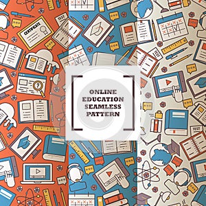 Online education seamless pattern, vector illustration. Flat line icons high school educating, college or university