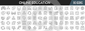 Online education and seminar line icons collection. Big UI icon set in a flat design. Thin outline icons pack. Vector illustration