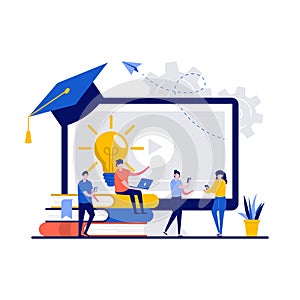 Online education service concept with tiny character. People study, holding mobile devices for training flat vector illustration.