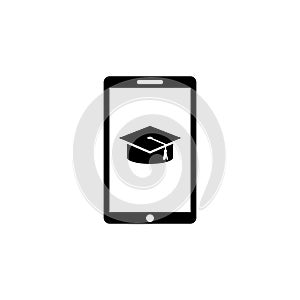 Online Education, Smartphone with Graduation Cap. Flat Vector Icon illustration. Simple black symbol on white background. Mobile