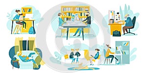 Online education, taining courses, web technologies set of flat vector illustration with distance tutorials and teachers