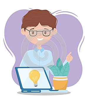 Online education, teacher with laptop and plant creativity design