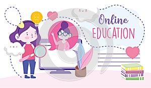 Online education, teacher and student girl computer magnifier books, website and mobile training courses