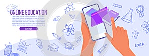 Online education or training vector concept with hands, smartphone screen, science doodle icons.