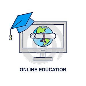 Online education vector concept. E-learning banner sign. Internet school illustration. Graduation diploma concept