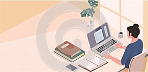 Online education vector illustration. E-learning platform. Workplace with laptop, books, graduation cap, cup of coffee