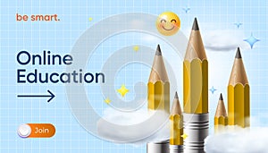 Online Education web banner with pencils and clouds. Back to school template, ad, landing page or poster for web design