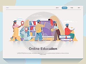 Online education web concept for landing page in flat design. Man and woman reading books, watching webinars and video lessons,