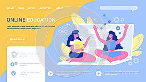 Online education web landing page background with 2 girls students sitting on laptop flat website vector