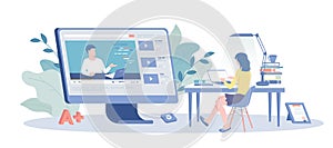 Online Education. Webinar in internet school, university or college. Student watching distant lesson. Vector illustration