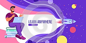 Online education and webinar vector concept with student, laptop, books, space, rocket.