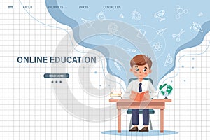 Online education website template. E-learning concept banner. Cute schoolboy sitting at table and studying online.