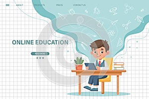 Online education website template. E-learning concept banner. Cute schoolboy sitting at table and studying online.