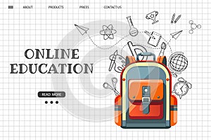 Online education website template. E-learning concept banner. School backpack with various science icons