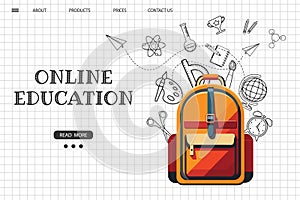 Online education website template. E-learning concept banner. School backpack with various science icons