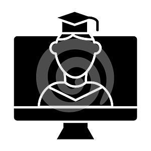 Online educationa solid icon. Student on monitor vector illustration isolated on white. E-learning glyph style design