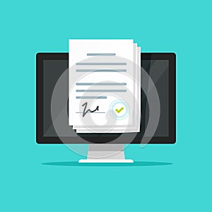 Online electronic documents on laptop vector illustration, flat cartoon paper document with signature on computer screen