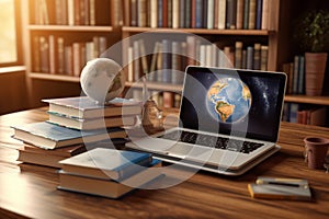 Online encyclopedia classroom, Laptop and books embodying e-learning concept