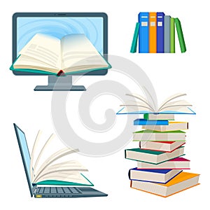 Online encyclopedia poster with computer and notebook, digital textbooks