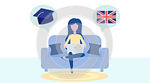 Online English Learning, distance education concept. Language training and courses. Woman student studies foreign languages on a
