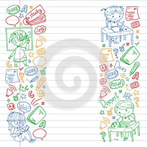 Online english school for children. Learn language. Education vector illustration. Kids drawing doodle style image.