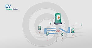 Online EV charging stations shown on map phone, mobile website service. Vector illustration photo