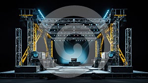 Online event entertainment concept. Background for concert. Blue stage spotlights. Empty stage with blue spotlights.
