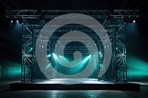 Online event entertainment concept. Background for concert. Blue stage spotlights. Empty stage with blue spotlights.