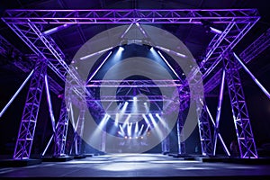Online event entertainment concept. Background for concert. Purple stage spotlights. Empty stage with blue spotlights.
