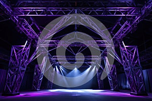 Online event entertainment concept. Background for concert. Purple stage spotlights. Empty stage with blue spotlights.