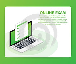 Online exam, checklist and pencil, choosing answer, questionnaire form, taking test. Vector illustration.