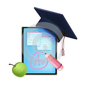 Online exam, internet test education e-learning vector concept, tablet screen, graduation cap, apple. Web questionnaire, digital