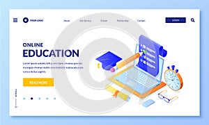 Online exam test vector 3d isometric illustration. Landing page banner template. Internet education, learning concept