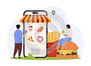 Online express delivery for food, fast and easy to order, tiny people using mobile app