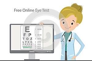 Online Eye Test,snellen on computer monitor,caucasian Female doctor optometrist