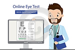 Online Eye Test,snellen on computer screen,caucasian male doctor optometrist