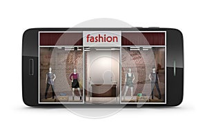 Online fasion store concept. Facade store in smartphone photo